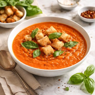 Image of Vegan Creamy Tomato Basil Soup with Garlic Croutons