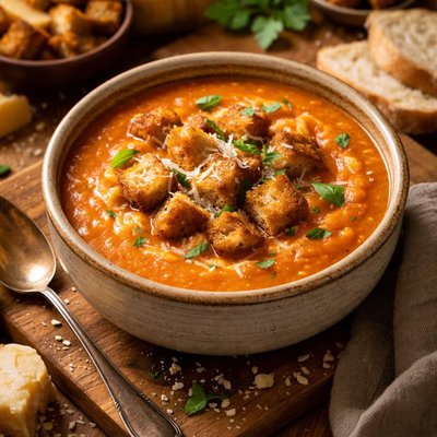 Image of Creamy Tomato Cheese Soup with Croutons