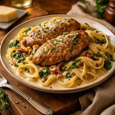 Image of Creamy White Wine Sauce and Italian Chicken Over Pasta