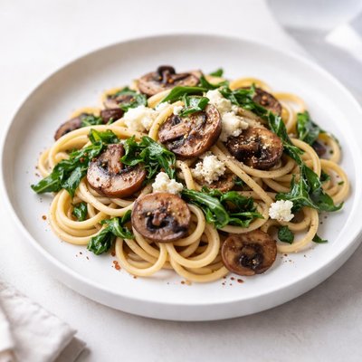 Image of Cremini Mushroom Pasta with Wilted Arugula and Goat Cheese