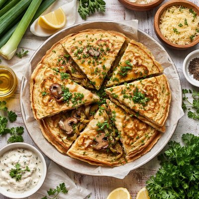 Image of Crempog Welsh Leek and Mushroom Pancakes