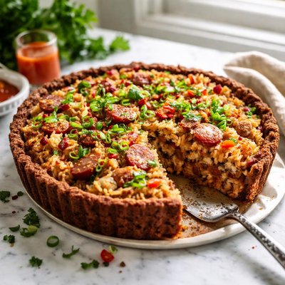 Image of Creole Sausage and Rice Pie with Red Bean Crust