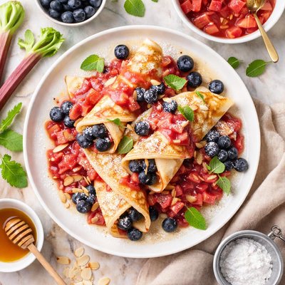 Image of Crepes with Blueberry Stuffing and Rhubarb Compote