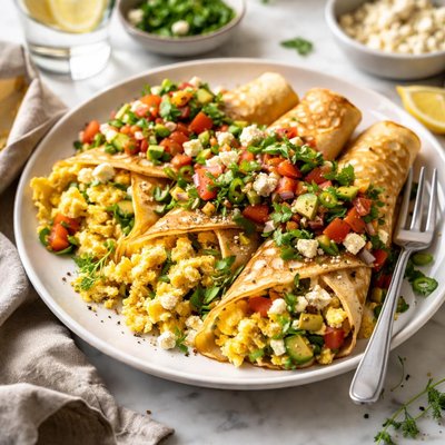 Image of Crepes with Feta Scrambled Eggs Salsa