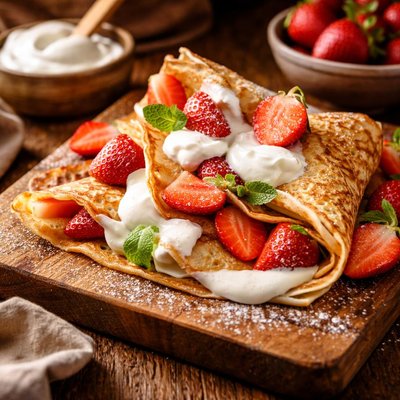 Image of Crepes with Sour Cream and Strawberries