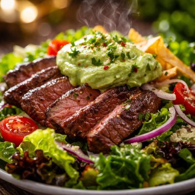 Image of Crisp Greens with Guacamole Sour Cream and Steak