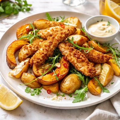 Image of Crisp Roasted Fish Strips Squash and Potatoes