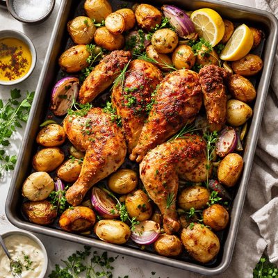 Image of Crisp Skin High Roast Butterflied Chicken with Potatoes