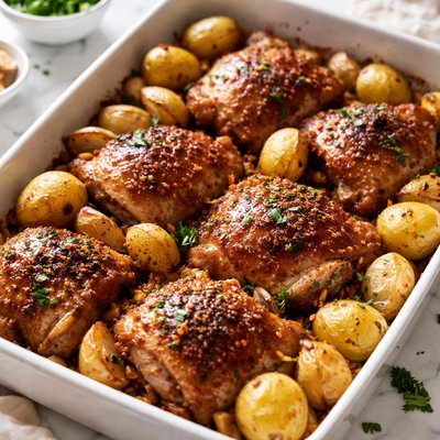 Image of Crispy Brown Sugar Baked Chicken and Potatoes