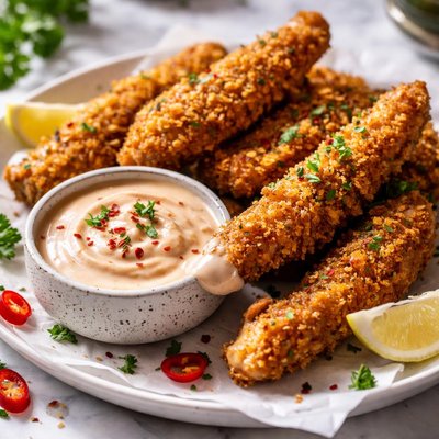 Image of Crispy Chicken Strips with Creamy Chili Dipping Sauce