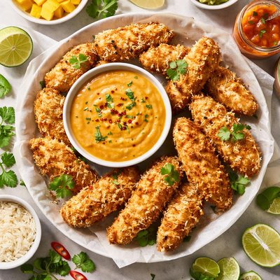 Image of Crispy Coconut Chicken with a Apricot Curry Dipping Sauce