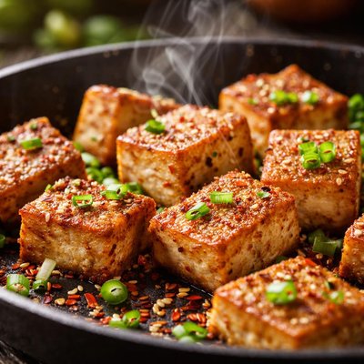 Image of Tofu crujiente salteado en sartén.