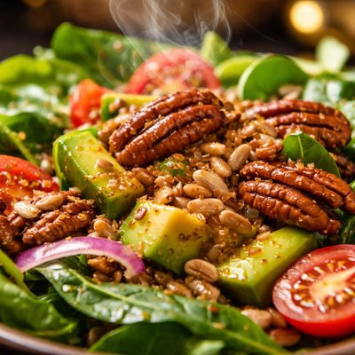 Image of Ensalada crujiente de nueces pecanas y semillas de girasol con aderezo de miel y mostaza