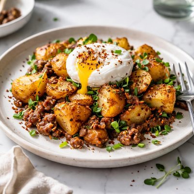 Image of Crispy Potatoes Over Crumbled Sausage with Poached Egg 5fix