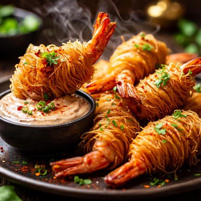 Image of Crispy Shrimp Bundles with a Smokey Dipping Sauce