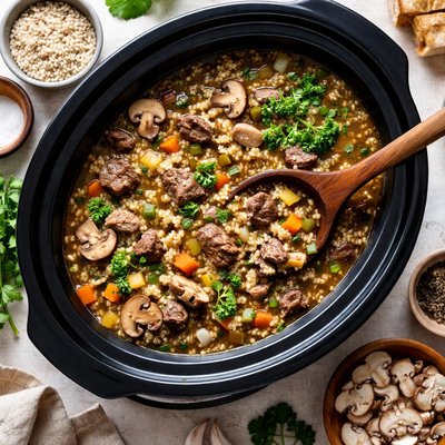 Image of Crock Pot Beef Barley Mushroom Soup