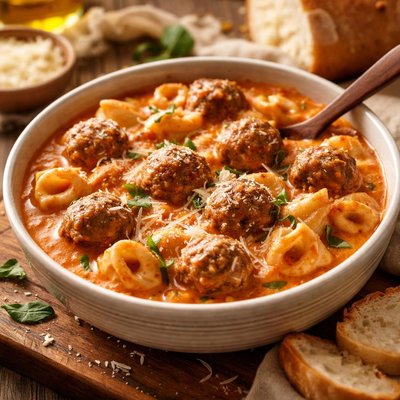 Image of Crock Pot Cheese Tortellini and Meatballs with Vodka Sauce