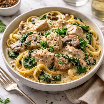 Image of Crock Pot Chicken Alfredo with Mushrooms and Spinach