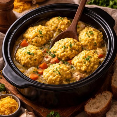 Image of Crock Pot Chicken Stew with Cheddar Cornmeal Dumplings