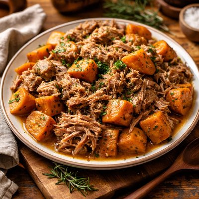 Image of Crock Pot Garlic Pork with Sweet Potatoes
