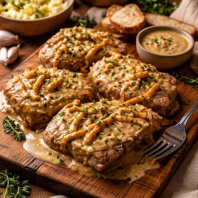 Image of Crock Pot Oniony Pork Chops with Creamy Mustard Sauce
