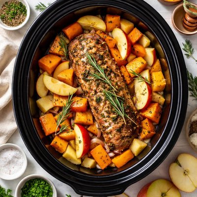 Image of Crock Pot Pork Tenderloin with Apples and Sweet Potatoes