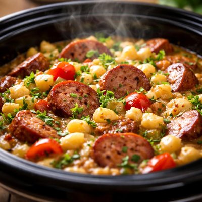 Image of Crock Pot Pot Sausage Hominy Supper