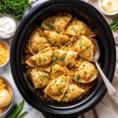 Image of Crock Pot Potluck Pierogies with Sauteed Onions and Butter