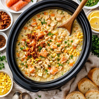 Image of Crock Pot Salmon and Chicken Chowder