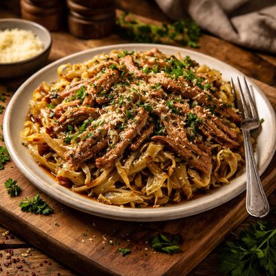 Image of Crock Pot Shredded Balsamic Chicken with Herb Cabbage Pasta