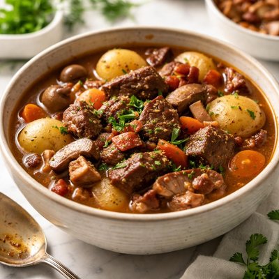Image of Crock Pot Venison Stew with Bacon and Mushrooms