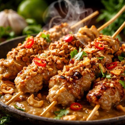 Image of Crocodile or Chicken Skewers with Cashew Nut Satay