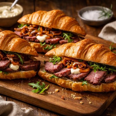 Image of Croissant Steak Sandwiches with Caramelized Onions and Horseradi