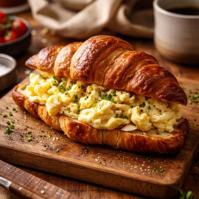 Image of Croissant vegetariano con huevos revueltos.