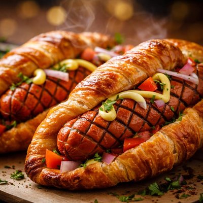 Image of Crosshatch Hot Dogs on Grilled Croissants