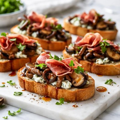 Image of Crostini with Mushrooms Prosciutto and Bleu Cheese