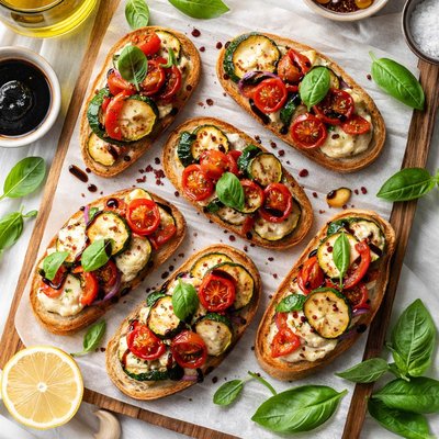 Image of Crostini with Roasted Vegetables and Smoked Mozzarella