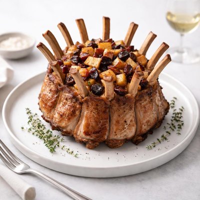 Image of Crown Roast of Pork with Apple Fig and Cherry Stuffing