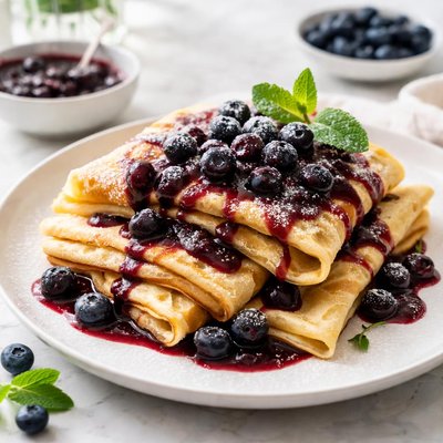 Image of Crpes with Blueberry Coulis Crepes