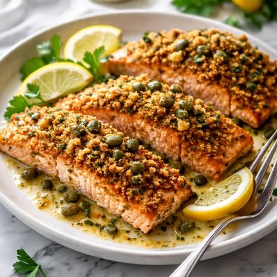 Image of Crumb Crusted Baked Salmon with Lemon Caper Sauce