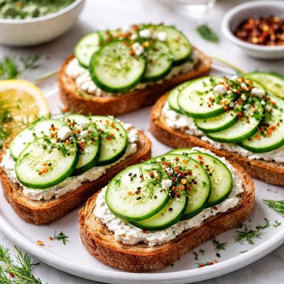 Image of Crunchy Cheesy Open Face Cucumber Sandwiches