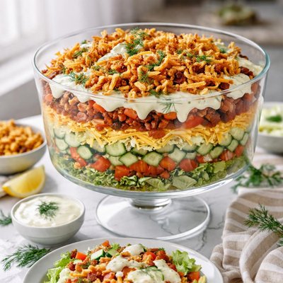 Image of Crunchy Onion Layered Salad with Dilly Dijon Dressing