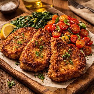 Image of Crunchy Pork Chops with Garlicky Spinach and Tomato Salad