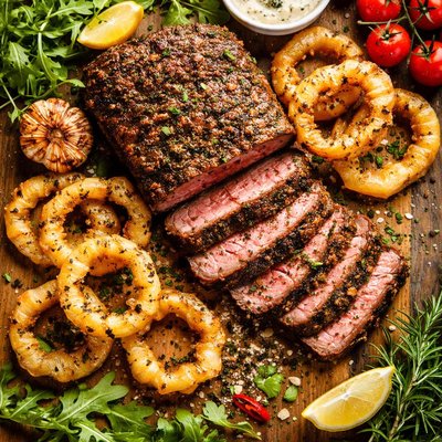 Image of Crusted Roast Rump Steak with Crispy Speckled Onion Rings