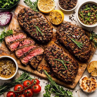Image of Crusty Grilled Peppercorn Steaks