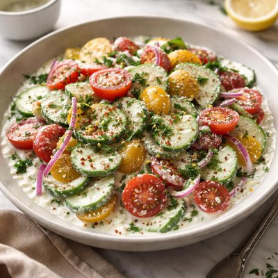 Image of Cucumber and Tomato Salad in Garlic Yogurt Dressing