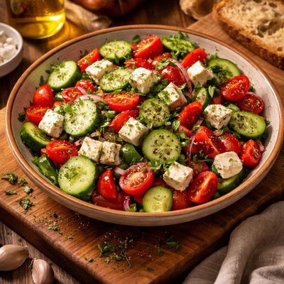 Image of Cucumber and Tomato Salad with Feta Cheese