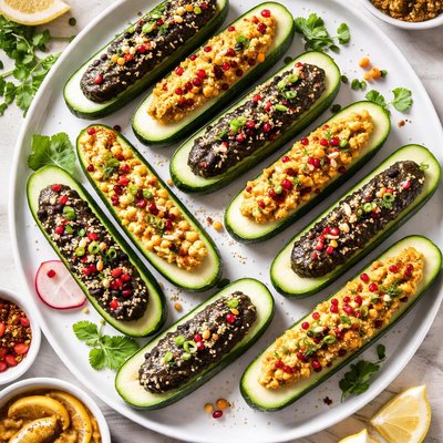 Image of Cucumber Logs Filled with Black and Gold Hummus