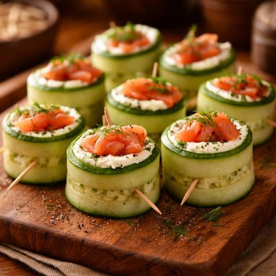 Image of Cono de pepino bajo en grasa con queso crema y salmón ahumado.