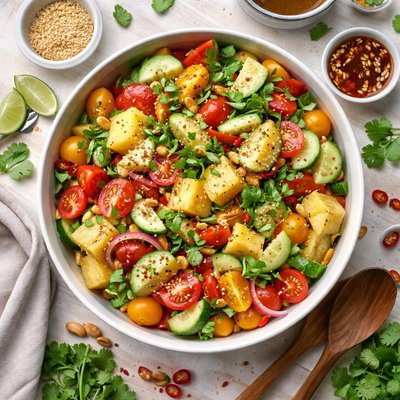 Image of Cucumber Tomato and Pineapple Salad with Asian Dressing